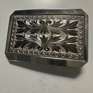 Vintage Unbranded Nickel Plated 3.25 x 2.5” Filigree Lightweight Belt Buckle